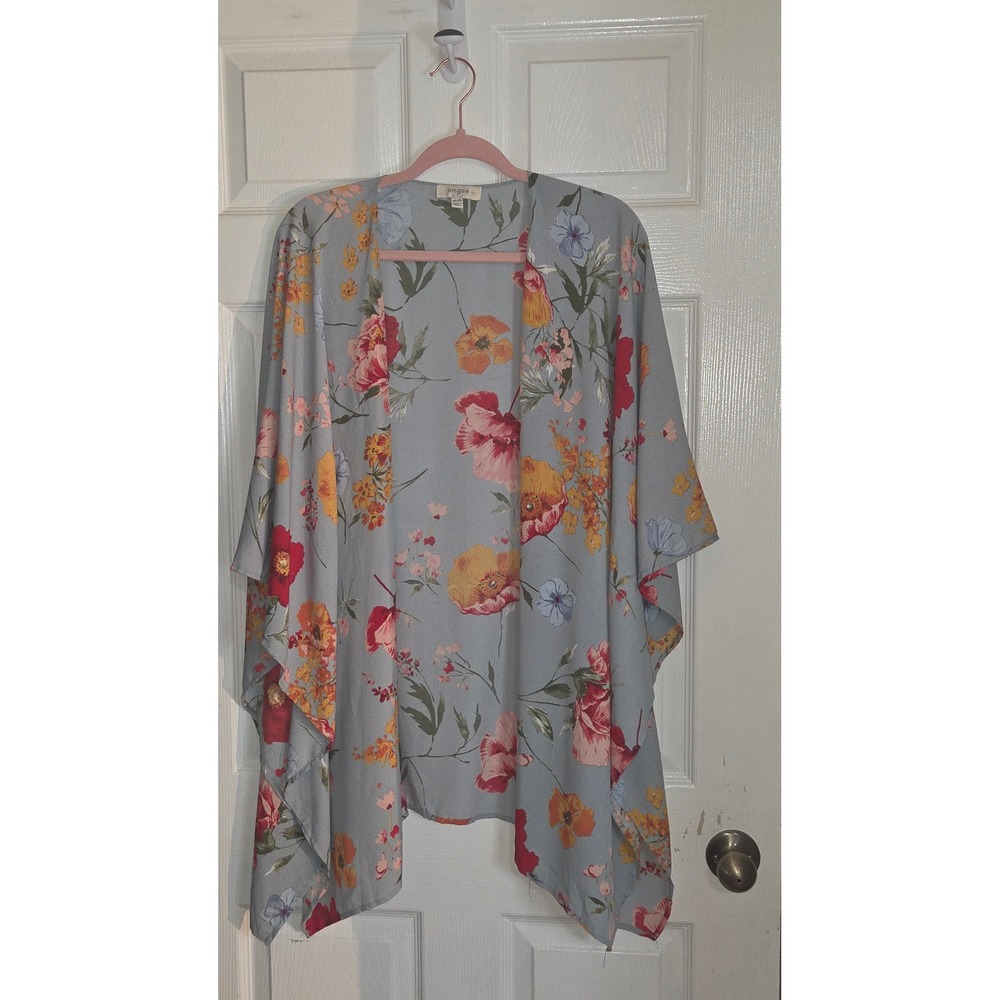 Umgee USA Floral Kimono Wrap Light Blue Poppy Print Oversized 1XL 2XL Boho